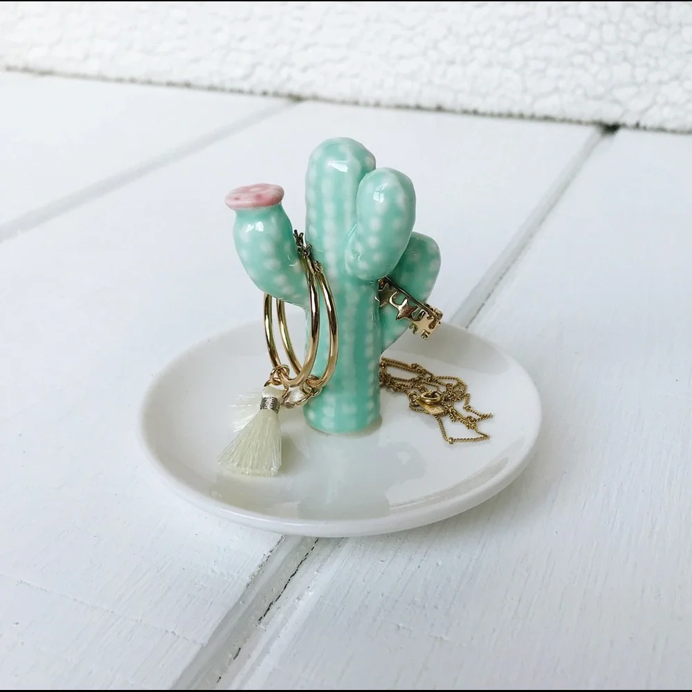 Anthropologie Mint Green & Pink Cactus Jewelry Ring Holder